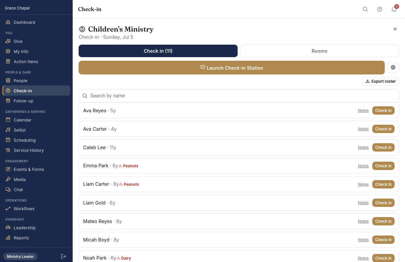 Secure kids check-in in Oikos Church